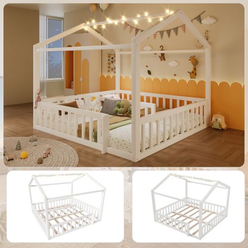 Lit Cabane 2X 90x190 Cm - Structure En Pin - Blanc