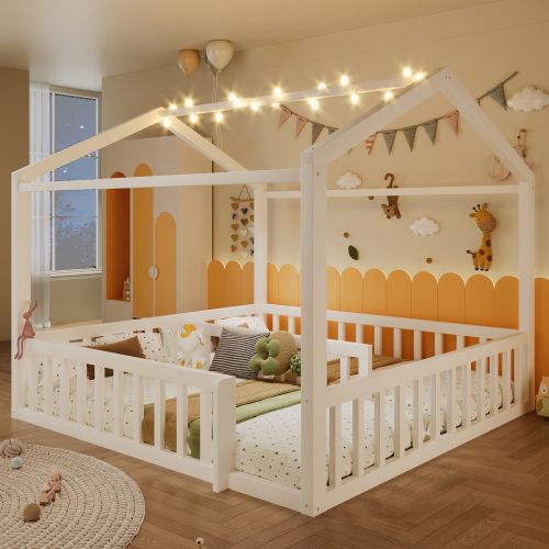 Lit Cabane 2X 90x190 Cm - Structure En Pin - Blanc