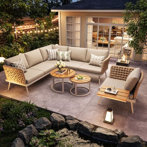 Ensemble De Jardin 6 Places-en Forme De L-en Fer Résistant Aux Intempéries-résistant Aux Uv-beige