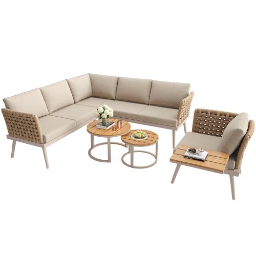 Ensemble De Jardin 6 Places-en Forme De L-en Fer Résistant Aux Intempéries-résistant Aux Uv-beige