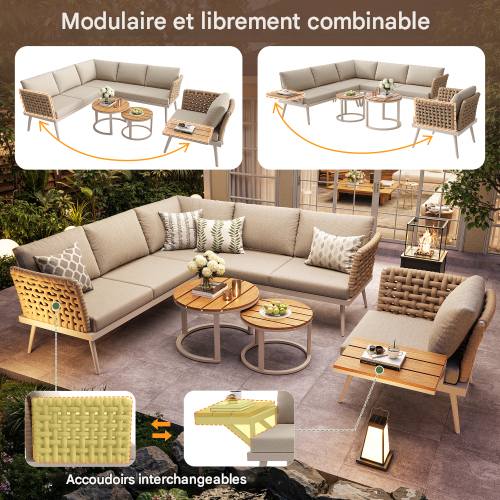 Ensemble De Jardin 6 Places-en Forme De L-en Fer Résistant Aux Intempéries-résistant Aux Uv-beige
