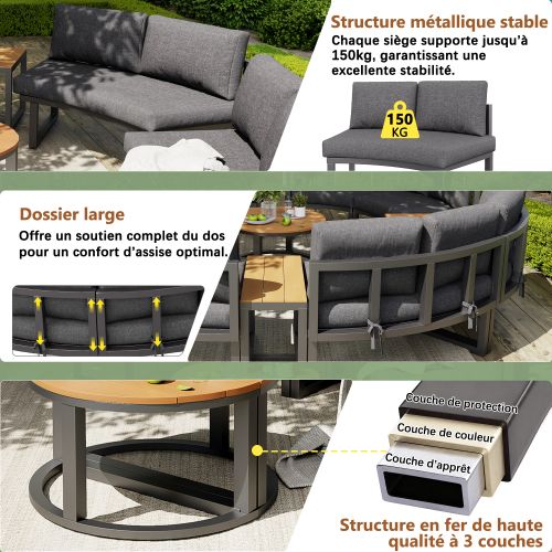 Ensemble De Canapé De Jardin-pour 8 à 12 Personnes-pieds Réglables-modularité Flexible-gris