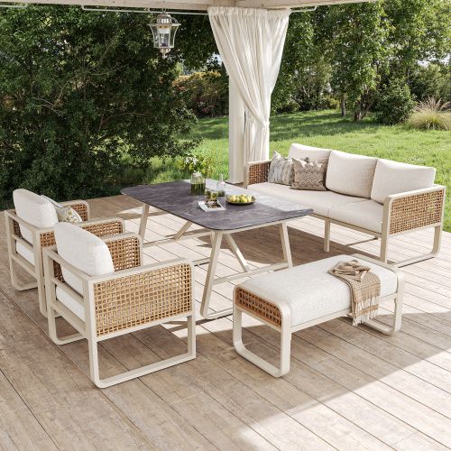 Ensemble De Canapé De Jardin-pour 6 à 7 Personnes-avec Coussins Lavables Et Pieds Réglables-beige