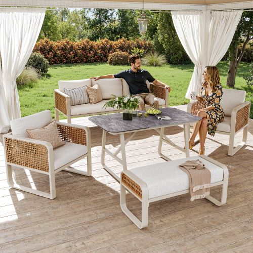Ensemble De Canapé De Jardin-pour 6 à 7 Personnes-avec Coussins Lavables Et Pieds Réglables-beige