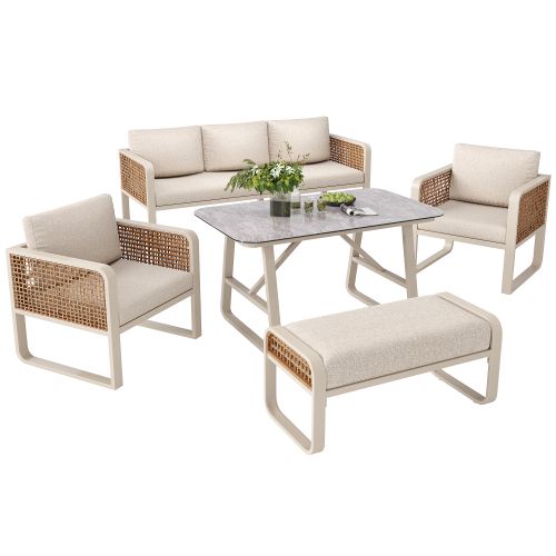 Ensemble De Canapé De Jardin-pour 6 à 7 Personnes-avec Coussins Lavables Et Pieds Réglables-beige