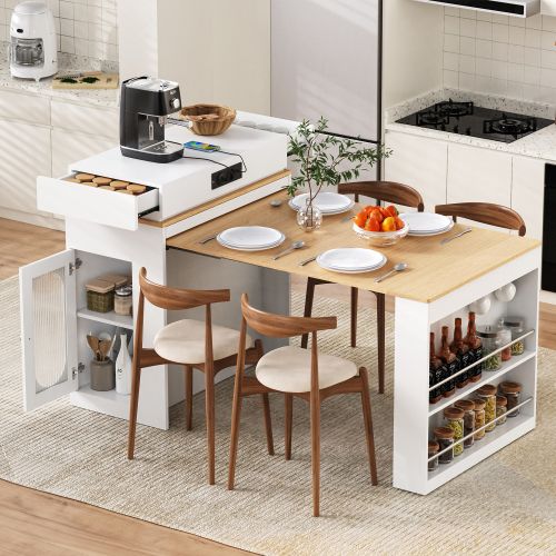 Îlot De Cuisine Sur Roulettes-table à Manger Extensible-bar-avec Multiprises Et Crochets-blanc