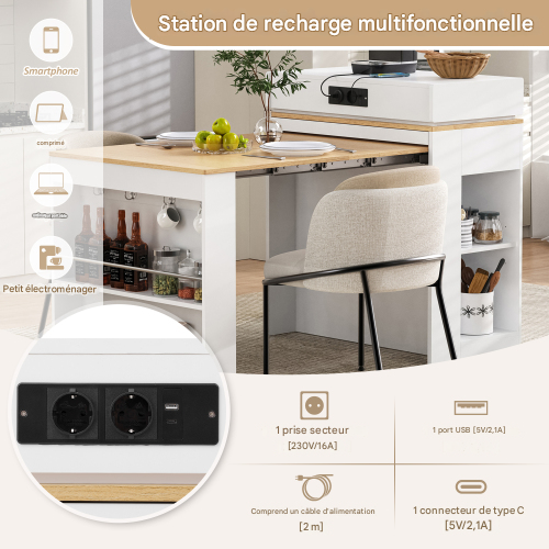 Îlot De Cuisine Sur Roulettes-table à Manger Extensible-bar-avec Multiprises Et Crochets-blanc