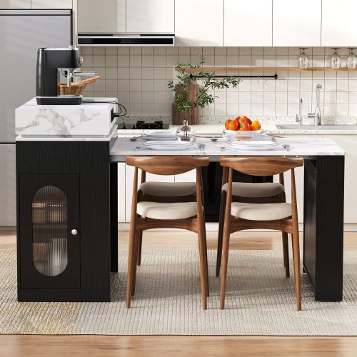 Îlot De Cuisine Sur Roulettes-table à Manger Extensible-bar-avec Multiprises Et Crochets-noir