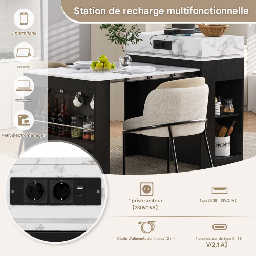 Îlot De Cuisine Sur Roulettes-table à Manger Extensible-bar-avec Multiprises Et Crochets-noir