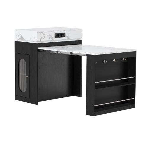 Îlot De Cuisine Sur Roulettes-table à Manger Extensible-bar-avec Multiprises Et Crochets-noir