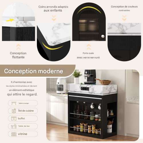 Îlot De Cuisine Sur Roulettes-table à Manger Extensible-bar-avec Multiprises Et Crochets-noir