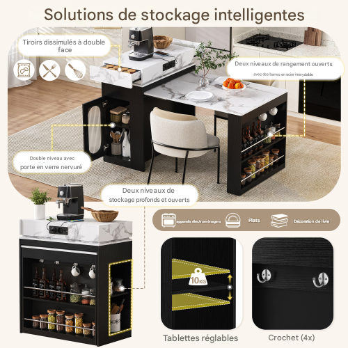 Îlot De Cuisine Sur Roulettes-table à Manger Extensible-bar-avec Multiprises Et Crochets-noir