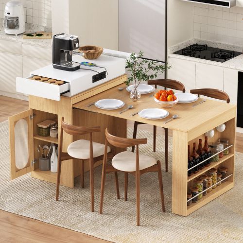 Îlot De Cuisine Sur Roulettes-table à Manger Extensible-bar-avec Multiprises Et Crochets-bois