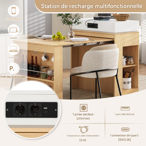 Îlot De Cuisine Sur Roulettes-table à Manger Extensible-bar-avec Multiprises Et Crochets-bois