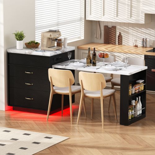 Îlot De Cuisine Avec Multiprises-table à Manger Extensible LED-bar-noir