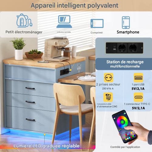 Îlot De Cuisine Avec Multiprises-table à Manger Extensible LED-bar-bleu