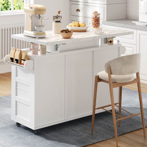 Îlot De Cuisine Mobile-avec Plan De Travail Rabattable-casier à Vin-chariot De Cuisine-blanc
