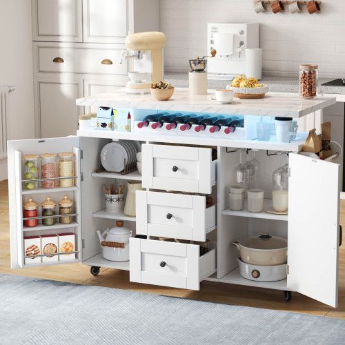 Îlot De Cuisine Mobile-avec Plan De Travail Rabattable-casier à Vin-chariot De Cuisine-blanc