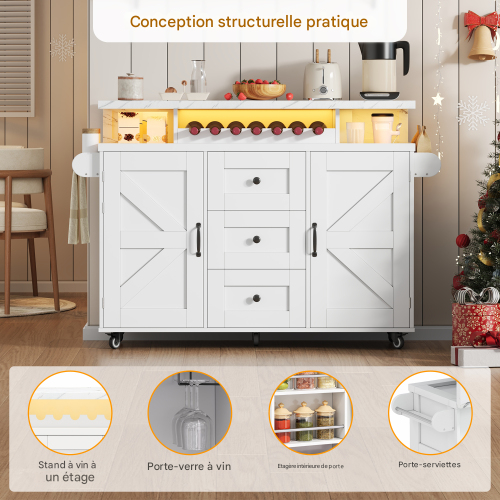 Îlot De Cuisine Mobile-avec Plan De Travail Rabattable-casier à Vin-chariot De Cuisine-blanc