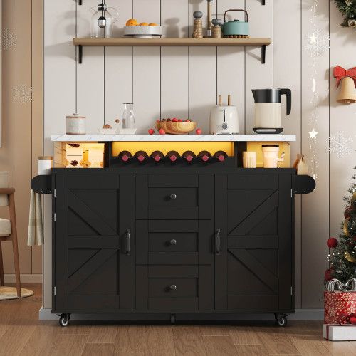 Îlot De Cuisine Mobile-avec Plan De Travail Rabattable-casier à Vin-chariot De Cuisine-noir