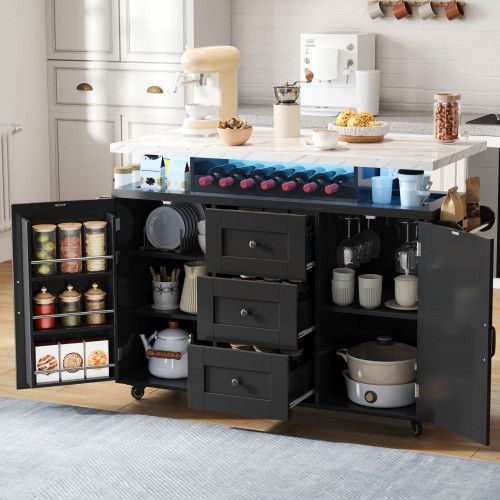 Îlot De Cuisine Mobile-avec Plan De Travail Rabattable-casier à Vin-chariot De Cuisine-noir