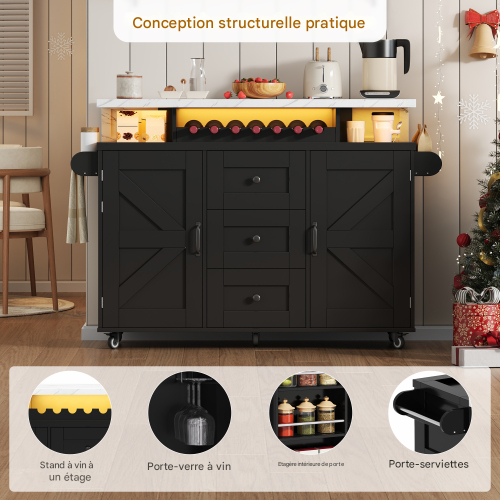 Îlot De Cuisine Mobile-avec Plan De Travail Rabattable-casier à Vin-chariot De Cuisine-noir