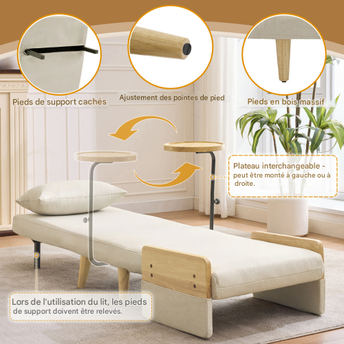 Fauteuil Convertible 3 En 1-plateau En Bois-chaise Pliante Rembourrée-fauteuil Lounge-beige
