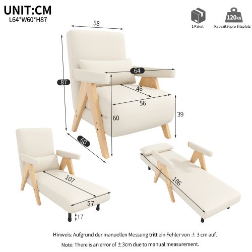 Fauteuil Convertible 3 En 1-canapé-lit-siège Rembourré-fauteuil Lounge-chaise Pliante-naturel