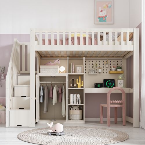 Lit Mezzanine 90x200cm-lit Enfant Avec Bureau, Armoire Échelle Et Penderie-ports USB/usb-c-blanc