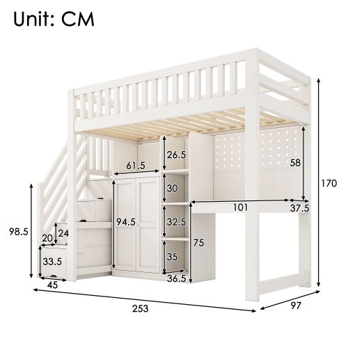 Lit Mezzanine 90x200cm-lit Enfant Avec Bureau, Armoire Échelle Et Penderie-ports USB/usb-c-blanc