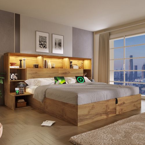 Lit 180x200 Cm-lit Double En Bois-éclairage LED Et USB-c-avec Vérins Hydraulique-naturel