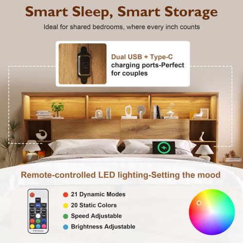 Lit 180x200 Cm-lit Double En Bois-éclairage LED Et USB-c-avec Vérins Hydraulique-naturel