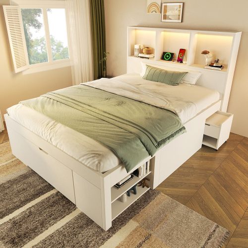 Lit 90x200 Cm Avec Table De Chevet Amovible-lit Simple En Bois-éclairage LED Et Port USB-c-blanc