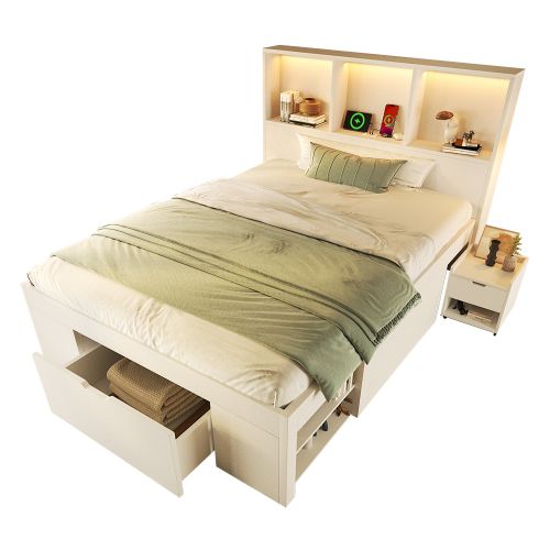 Lit 90x200 Cm Avec Table De Chevet Amovible-lit Simple En Bois-éclairage LED Et Port USB-c-blanc