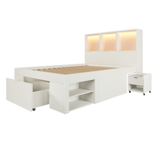 Lit 90x200 Cm Avec Table De Chevet Amovible-lit Simple En Bois-éclairage LED Et Port USB-c-blanc