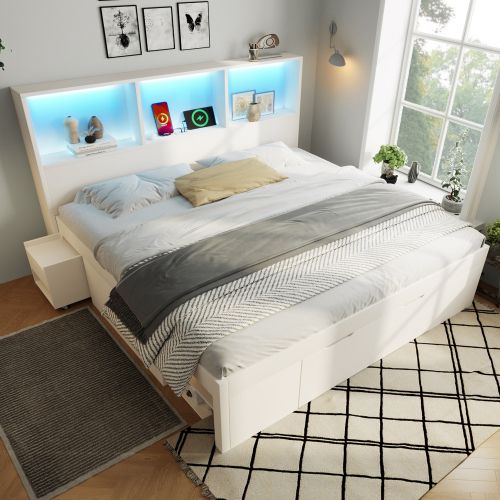 Lit 140x200 Cm Avec Table De Chevet Amovible-lit Simple En Bois-éclairage LED Et Port USB-c-blanc