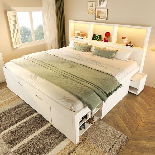 Lit 140x200 Cm Avec Table De Chevet Amovible-lit Simple En Bois-éclairage LED Et Port USB-c-blanc