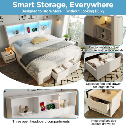 Lit 140x200 Cm Avec Table De Chevet Amovible-lit Simple En Bois-éclairage LED Et Port USB-c-blanc