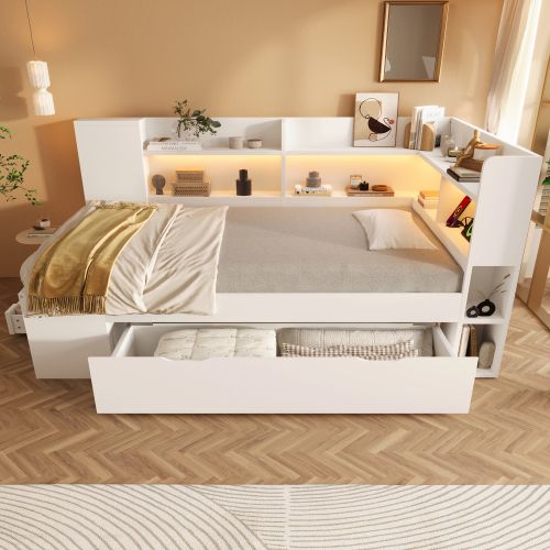 Lit 90x200 Cm-avec Station De Charge USB Et Type-c-lit Enfant LED Avec Sommier à Lattes-blanc