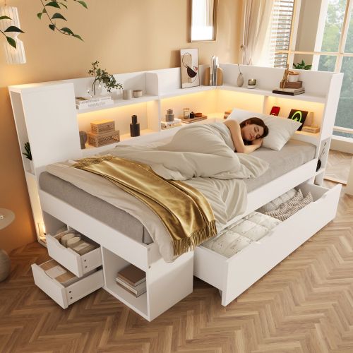 Lit 90x200 Cm-avec Station De Charge USB Et Type-c-lit Enfant LED Avec Sommier à Lattes-blanc