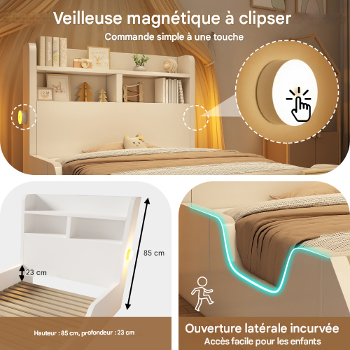 Lit Enfant 90x200 Cm-veilleuses-étagère Amovible-sommier à Lattes-bois Robuste 150kg-blanc
