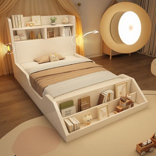 Lit Enfant 90x200 Cm-veilleuses-étagère Amovible-sommier à Lattes-bois Robuste 150kg-blanc