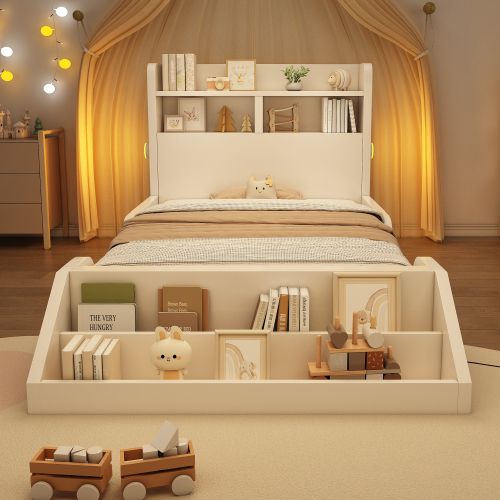 Lit Enfant 90x200 Cm-veilleuses-étagère Amovible-sommier à Lattes-bois Robuste 150kg-blanc