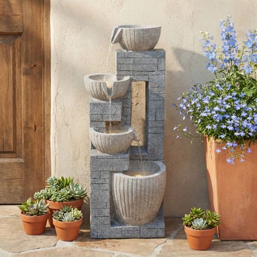 Bassin En Pierre à Plusieurs Niveaux De 80 Cm Avec Fontaine LED Pour Jardin, Terrasse-Gris Pierre