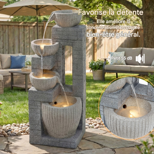 Bassin En Pierre à Plusieurs Niveaux De 80 Cm Avec Fontaine LED Pour Jardin, Terrasse-Gris Pierre