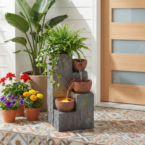 Fontaine De Jardin-décoration De Jardin-cascade 230V-3 Bassins Avec Eau Courante-Gris