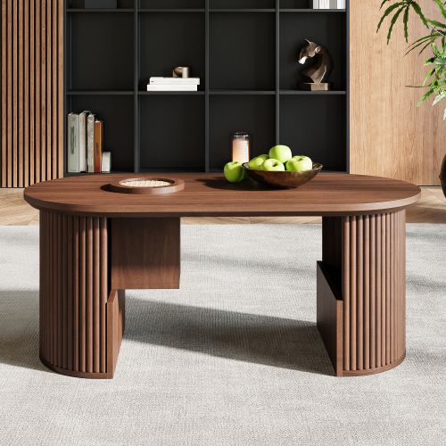 Table Basse Ovale- Rangement Intégré Multifonction-structure Stable 60kg-style Rétro-en Noyer