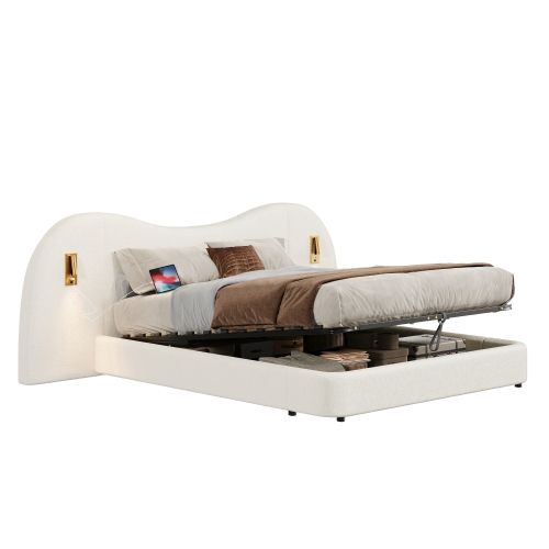 Lit 180 X 200 Cm-lit Double-sommier à Lattes-avec Port USB Et Lampe De Lecture-blanc.