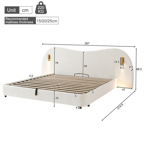 Lit 180 X 200 Cm-lit Double-sommier à Lattes-avec Port USB Et Lampe De Lecture-blanc.