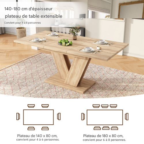 Table à Manger Extensible 140-180cm-pieds En V-pour 4 à 6 Personnes-structure Robuste 60kg-chêne